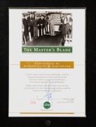 "SIR DON BRADMAN - THE MASTER'S BLADE": An attractive display which incorporates a reproduction Sykes test world record Don Bradman full size cricket bat with a card bearing the original signature of Don Bradman, together with details of his career and so - 5