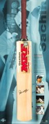 "STROKES OF GENIUS - SACHIN TENDULKAR": A display featuring a full size Genuis MRF cricket bat signed by Tendulkar, together with details of his career and photographs. Accompanied by a PWC CofA, this being number 26/100. Attractively framed glazed, 107 x - 2