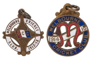 MELBOURNE CRICKET CLUB: membership medallions for 1912-13 (No.3845) and 1914-15 (No.1423), (2 items).