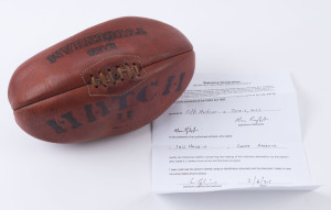 RICHMOND 1973 PREMIERS: Match 'Des Tuddenham' signed football with dedication "To Mini Max 1973/Grand Final/Richmond Football Club" with numerous signatures including Kevin Bartlett, Rex Hunt, Kevin Sheedy & Robert McGhie; signatures more or less faded. The vendor has owned the ball since it was presented to him following Richmond's 1973 Premiership win and has provided a statutory declaration stating this to be so.
