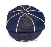 1908 VICTORIAN FOOTBALL LEAGUE PREMIERSHIP CAP: Awarded to Carlton's William (Billy) Payne,&nbsp;blue with white piping and wire embroidered "VFL, Premiers, 1908" to front panel.