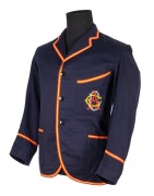 ADELAIDE CRICKET CLUB BLAZER, Grimmett's Adelaide Cricket Club blazer, blue wool with yellow and red trim, with monogram initials of the A.C.C. embroidered in red, yellow, and turquoise thread; label of McCarron & Co., inscribed in ink "MR. C.V. GRIMMETT&nbsp;