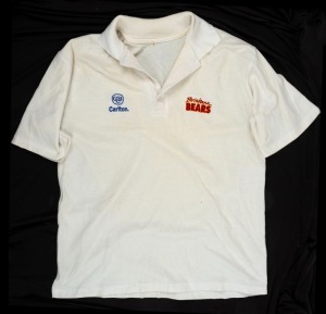 ex NATHAN BUCKLEY COLLECTION: Buckley’s Brisbane Bears team polo shirt 1993. White shirt with Brisbane Bears and CUB logos on front.