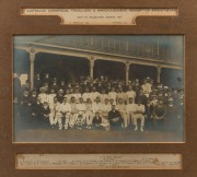 "Australian Commercial Travellers' & Warehousemen's Association Cricket Team. Visit To Melbourne, Easter 1907. S. Australia, 299. Victoria, 173" albumen print teams photo in original frame and mount with player names caption window,&nbsp;46 x 56cm overall. - 2