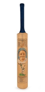 SIR DONALD BRADMAN, full size cricket bat with career statistics, two coloured portraits and Bradman's original signature. Overall 80cm.