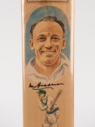 SIR DONALD BRADMAN, full size cricket bat with career statistics, two coloured&nbsp;portraits and Bradman's original signature. Overall 80cm. - 2