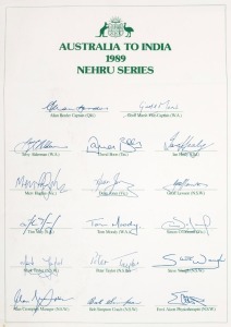 A 1989 Australia to India "Nehru Series" autograph page with (printed) signatures; also, a 1992 World Cup souvenir full sized bat with the (printed) signatures of all nine participating teams. (2 items).