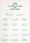 A 1989 Australia to India "Nehru Series" autograph page with (printed) signatures; also, a 1992 World Cup souvenir full sized bat with the (printed) signatures of all nine participating teams. (2 items).