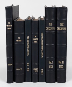 "THE CRICKETER" Weekly Magazine: a collection of leather-bound volumes, all containing the original publications with the following titles: "The Cricketer Volume 1, 1921", "The Cricketer Volume 11, 1922", "The Cricketer 1949-50", "The Cricketer Annual 1922-23", "The Cricketer Annual 1945 - 1948", "The Cricketer Annual 1948-9, 1953", and, "The Cricketer Spring Annual 1946-7-8", all with gilt titles; the bindings by The Book Doctor. (7 vols.).