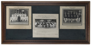 OFFICIAL TEAM PHOTOS: three-photo display comprising "Victorian Sheffield Shield Cricket XI - Northern Tour 24/1/62 - 7/2/62" (Melba Studios, Sydney) including Bill Lawry (Capt.), Linsay Kline & Ian Meckiff; "The Australian & Pakistan Cricket Teams during the Second Test Match at Lahore" Nov 21st to 26th,1959 (photo. Zaidi's Lahore), with the players/officials of the opposing teams seated alternately, including Australians Richie Benaud (Capt.), Neil Harvey, Ray Lindwall, Alan Davidson