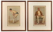 Two original Vanity Fair chromo-lithographs, "Oxford Cricket" (29 June 1889) depicting Hylton Philipson, and "Yorkshire Cricket" (24 September 1892) depicting George Hirst, both&nbsp;individually framed and glazed, each overall 54.5 x 44.5cm. [2 items]