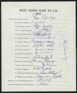1973 West Indies Tour to U.K., official team sheet with 19 signatures including Rohan Kanhai (captain), Lance Gibbs, Clive Lloyd, Keith Boyce & Deryck Murray.