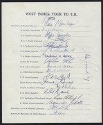 1973 West Indies Tour to U.K., official team sheet with 19 signatures including Rohan Kanhai (captain), Lance Gibbs, Clive Lloyd, Keith Boyce & Deryck Murray.