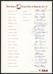 West Indies Cricket Tour of Australia 1975-76, fully signed official team sheet, featuring Clive Lloyd (capt.), Deryck Murray (vice-capt.), Lance Gibbs, Michael Holding, and Viv Richards. Australia won the six Test Series 5-1.