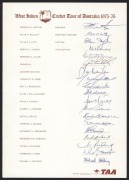 West Indies Cricket Tour of Australia 1975-76, fully signed official team sheet, featuring Clive Lloyd (capt.), Deryck&nbsp;Murray (vice-capt.), Lance Gibbs, Michael Holding, and Viv Richards. Australia won the six Test Series 5-1.