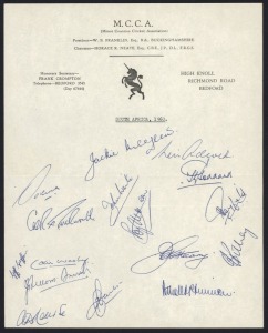 The 1960 SOUTH AFRICAN Team to GREAT BRITAIN original pen signatures on a Minor Counties Cricket Association letterhead; sixteen signatures including McGlew, Goddard, Adcock, Duckworth and Tayfield. The South Africans played a five-match Test series against. England won the series 3-0 with 2 matches drawn.