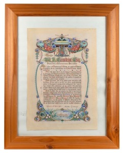 WALTER LINDRUM: Hand-painted illuminated presentation from Walter Lindrum, dated London, 13th April, 1931 and addressed to "W. A. Tompkin Esq., Promoter of International Billiards", sheet size 50 x 34cm, framed and glazed 71 x 57cm overall.