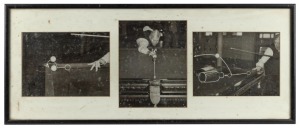 A framed black and white triptych photograph of Walter Lindrum performing trick shots, framed and mounted, 32 x 77cm overall; together with a black and white photograph of Walter Lindrum's grave, framed and mounted, 64 x 54cm overall. (2 items).