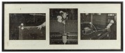 A framed black and white triptych photograph of Walter Lindrum performing trick shots, framed and mounted, 32 x 77cm overall; together with a black and white photograph of Walter Lindrum's grave, framed and mounted, 64 x 54cm overall. (2 items).