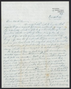 AN ORIGINAL HAND-WRITTEN LETTER FROM WILLIAM HENRY COOPER (1849 - 1939): Two sheets (headed Orrong Road, Armadale) dated Nov.30th 1930, comprising of more than three sides of neatly written details of Cooper's cricket reminiscences. He was writing to Les Hill of Mount Gambier (envelope present) about his experiences as a member of Murdoch's 1884 tour to England as well as his years playing for Victoria. He had also served as a Victorian State selector and Vice-President of the V.C.A.