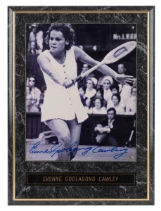 EVONNE GOOLAGONG CAWLEY: Signed photographic display on block mount; together with a signed Rio International Tennis Challenge block mounted poster, (2 items), the larger 60 x 43cm overall