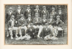 THE 1921 AUSTRALIAN CRICKET TEAM IN ENGLAND: A Bolland real photo postcard depicting the whole Australian team in their uniforms and signed by all of the players including Bardsley, Ryder, Armstrong (Captain), Mailey and Taylor. Framed and glazed, overall 22 x 25cm.