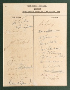 An apparently official team sheet prepared for the third Test between the West Indies and Australia at the S.C.G., January 1968, featuring the original signatures of both teams including Sobers, Gibbs, Fredericks, Kanhai, Lawry, Walters, Mallett and Chappell. Very rare. Framed and glazed, overall 34.5 x 29cm.