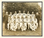 THE 1938 AUSTRALIAN TEST TEAM IN ENGLAND: An original photograph of the sixteen players and two officials who made up the touring party led by Don Bradman (Captain) and including Bill Brown, Stan McCabe, Bill O'Reilly and Lindsay Hassett. The photograph i