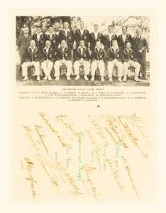 THE AUSTRALIAN CRICKET TEAM, 1935-36, IN SOUTH AFRICA: An Australian Cricket Team Christmas card with a photograph of the team, all named below the image, with their original pen signatures. The team featured Victor Richardson (Captain), Stan McCabe (Vice-Captain), Bill Brown, Clarrie Grimmett and Bill Oldfield. Framed and glazed, overall 42 x 36cm.
