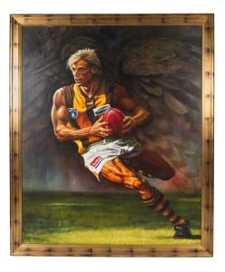 SHANE CRAWFORD (Hawthorn), original painting by Jamie Cooper, oil on canvas, titled "The Winner", it captures Shane in full flight with a huge hawk hovering in the background, signed and dated 2000 by the artist at lower left, and by Crawford across his shorts, framed, overall 140x170cm. [Shane Crawford played 305 games for Hawthorn 1993-2008, winning the 1999 Brownlow Medal, and retiring after Hawthorn's 2008 Grand Final victory].