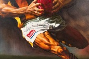 SHANE CRAWFORD (Hawthorn), original painting by Jamie Cooper, oil on canvas, titled "The Winner", it captures Shane in full flight with a huge hawk hovering in the background, signed and dated 2000 by the artist at lower left, and by Crawford across his s - 2