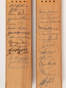 1966-67 AUSTRALIA IN SOUTH AFRICA: A pair of miniature Gradidge "Imperial Driver" souvenir bats; one signed by the Australian team (led by Bob Simpson and Bill Lawry); the other signed by the South African team (lead by Peter van der Merwe and Eddie Barlo - 2