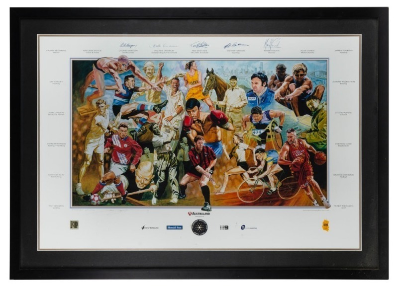 AUSTRALAND, MELBOURNE'S GREATEST EVER SPORTS STARS: Athlete's edition lithograph display bearing printed signatures of Walter Lindrum, Ted Whitten, Sid Patterson, Mark Viduca and Lauri Morgan. Signed in pencil at lower left by the artist Jamie Cooper.  Fr