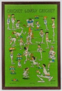 Two framed Irish linen cricket novelty displays titled "Terms of Cricket" and "Cricket, Lovely Cricket", the larger 80 x 54cm overall.