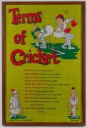 Two framed Irish linen cricket novelty displays titled "Terms of Cricket" and "Cricket, Lovely Cricket", the larger 80 x 54cm overall. - 2