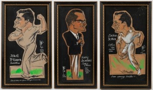 A group of three caricatures, all signed and dated "MAC, London Oval, Aug '65", depicting Atholl McKinnon (South Africa), Harry Bromfield (South Africa), and Jackie Botten (South Africa); individually framed & glazed, each approx. 31 x 18cm overall. (3). Note: All 3 frames bear The Parker Gallery, Albemarle St., London W.1 labels verso.
