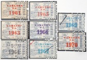 Carlton: Member's Season Tickets for 1961, 1963, 1964 Centenary Year, 1965, 1966, 1969 and 1970, each with fixture list & hole punched for each game attended. (8). - 2