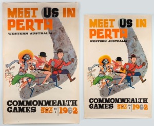 1962 PERTH GAMES: 'MEET US IN PERTH' Colour lithograph official posters in two sizes, 76 x 50cm and 101 x 63cm (2)