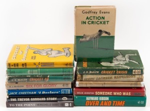 A shelf of mainly hardcover cricket books signed by the authors (and others), including Jackie McGlew, Peter Pollock, Roy McLean, Trevor Bailey, Godfrey Evans, Brian Johnston, Jack Cheetham, Trevor Goddard, Herschelle Gibbs, Hayward Kidson, with several extras. (14 vols.).