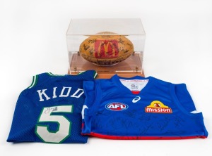 WESTERN BULLDOGS signed team jersey, a Sherrin football signed by members of the Australian Olympic swimming team circa 1998-2000, in perspex display case and a signed Dallas Kids basketball singlet, (3 items).