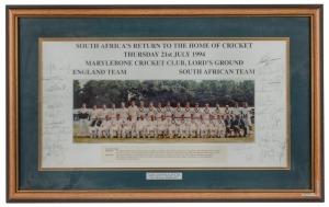 SOUTH AFRICA'S RETURN TO THE HOME OF CRICKET: A panoramic photograph of the two teams assembled at Lords before the start of play on July 21st 1994; signed in the margins by all the players and officials. Framed & glazed, overall 47 x 75cm.