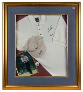 NICK PRICE (b.1957), three-time major winner, inducted into the World Golf Hall of Fame in 2003: An attractively framed display featuring a golf shirt, golf cap, golf ball and photograph, all signed by Price. Overall 90 x 79cm.