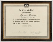 AUSTRALIA IN THE WEST INDIES: A photograph of the 1964-65 team in their team blazers and whites, with Simpson, Lawry, McKenzie, Hawke and Jarman; a certificate of merit awarded to Grahame Thomas for making a century at Barbados; and a team photo of the 19 - 3
