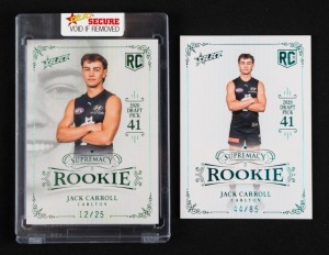 2020 SELECT SUPREMACY ROOKIE: Two limited-edition cards for Jack Carroll - RPG41 #12/25 and RPB41 #44/85. (2 items)