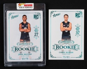 2020/2021 SELECT SUPREMACY ROOKIE CARDS: Two limited-edition cards - one for Jesse Motlop (RPB27 #53/75) and one for Corey Durdin (RPB37 #75/85). (2 items)