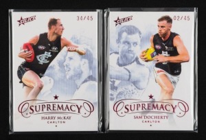 2021 SELECT SUPREMACY CARLTON RED PARALLEL: Two limited-edition cards for Sam Docherty (15 #02/45) and Harry McKay (17 #34/45). (2 items)