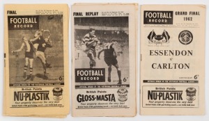 The 1962 FINAL SERIES: the Football Record for the drawn (preliminary) Final (Carlton v Geelong), the Final Replay (Carlton won by 5 points) and the Grand Final (Essendon v Carlton). (3 items). Essendon 13.12 (90) defeated Carlton 8.10 (58) in the Grand F