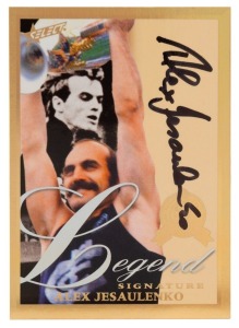2012 SELECT LEGEND HALL OF FAME: Limited-edition signature card for Alex Jesaulenko (#101/110), together with redemption card (#101/110). (2 items)