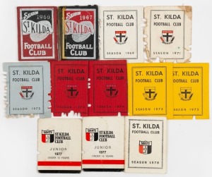 SAINT KILDA FOOTBALL CLUB: 1966, 1967, 1969, 1971, 1972, 1974 (2), 1975 (2), 1977 (2) and 1978 JUNIOR membership cards. (12). Mixed condition.