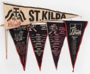 A collection of ST.KILDA supporters' pennants: "ST. KILDA FINALISTS 1966", "1968 ST. KILDA The Saints", "The Mighty SAINTS 1970 FINALIST" (2 types) and "1972 The SAINTS FINALIST". (5 items).